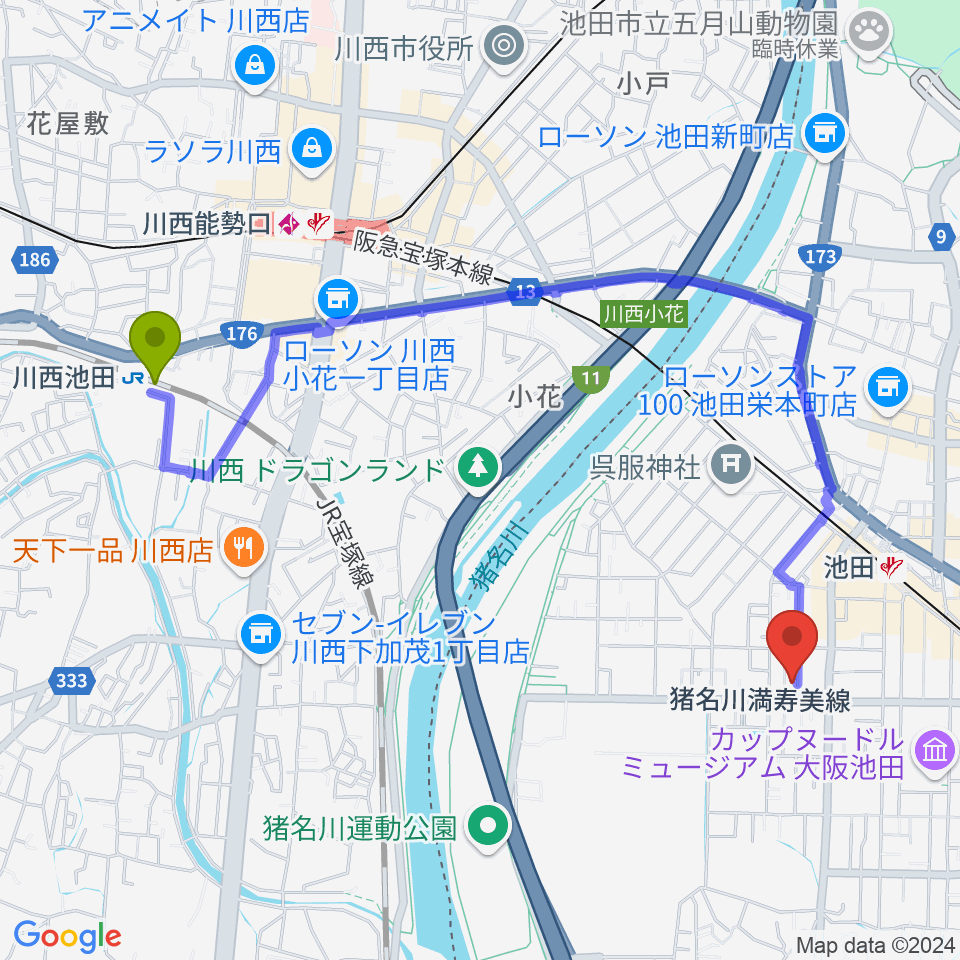 川西池田駅からぽこあぽこピアノ・リトミック教室へのルートマップ地図