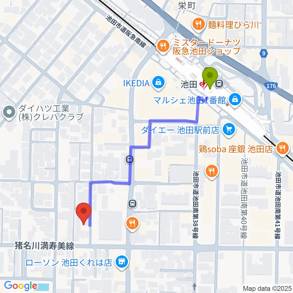 ぽこあぽこピアノ・リトミック教室の最寄駅池田駅からの徒歩ルート（約5分）地図