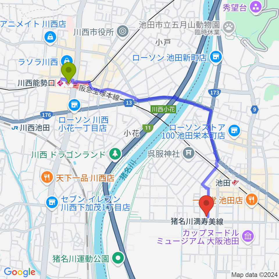 川西能勢口駅からぽこあぽこピアノ・リトミック教室へのルートマップ地図