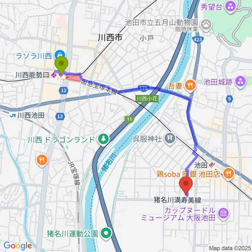 川西能勢口駅からぽこあぽこピアノ・リトミック教室へのルートマップ地図