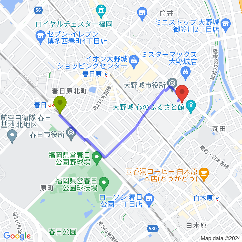 春日駅から大野城まどかぴあへのルートマップ地図