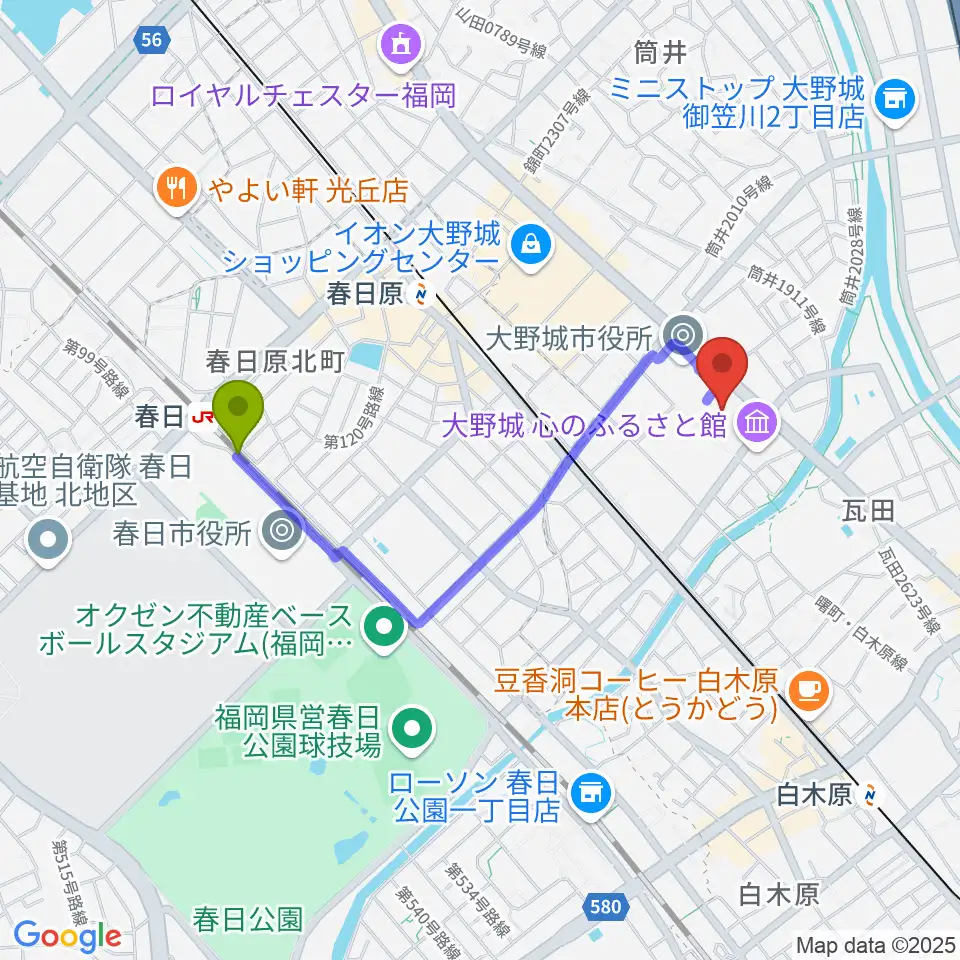 春日駅から大野城まどかぴあへのルートマップ地図