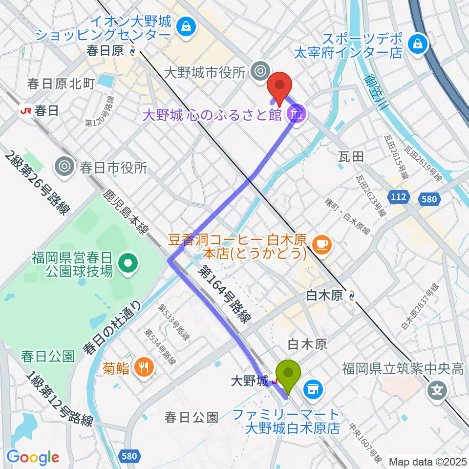 大野城駅から大野城まどかぴあへのルートマップ地図