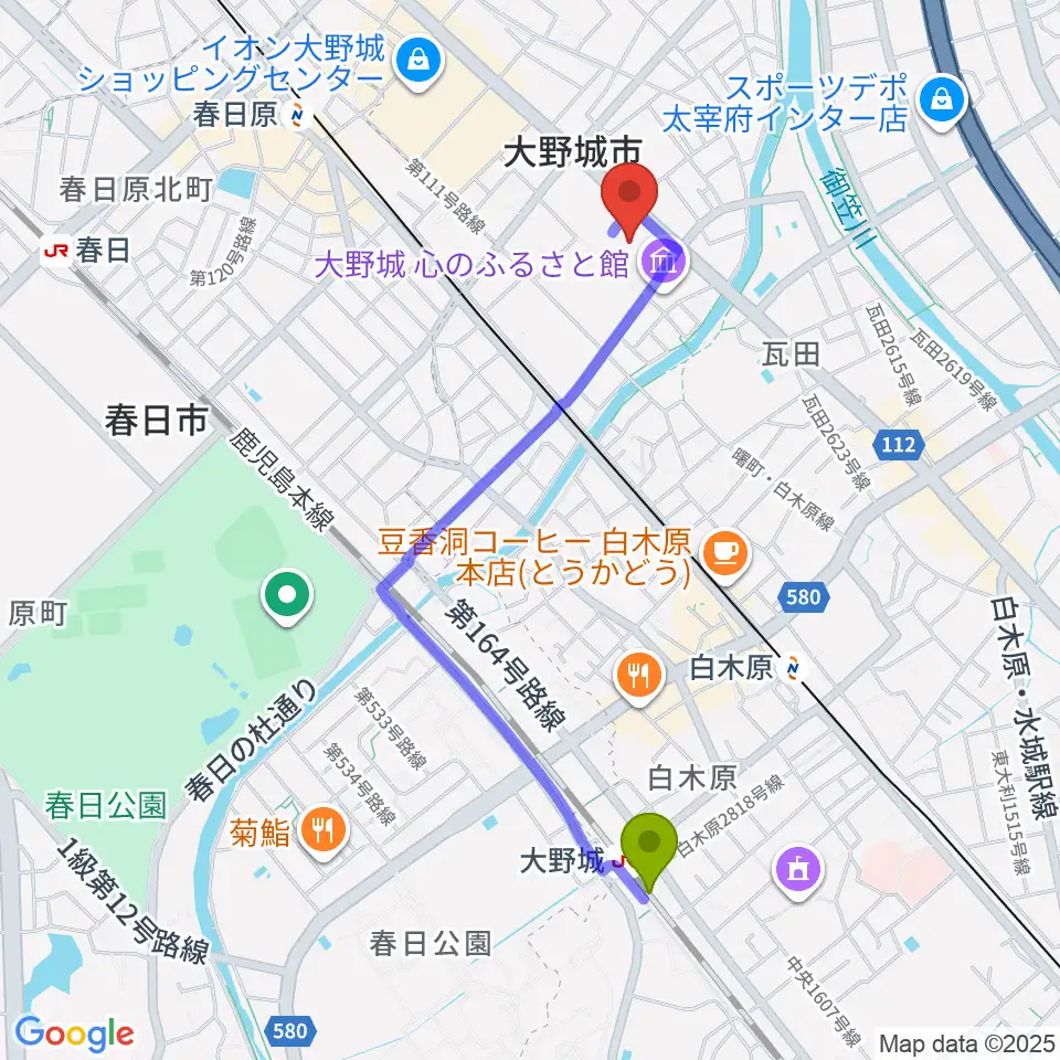 大野城駅から大野城まどかぴあへのルートマップ地図