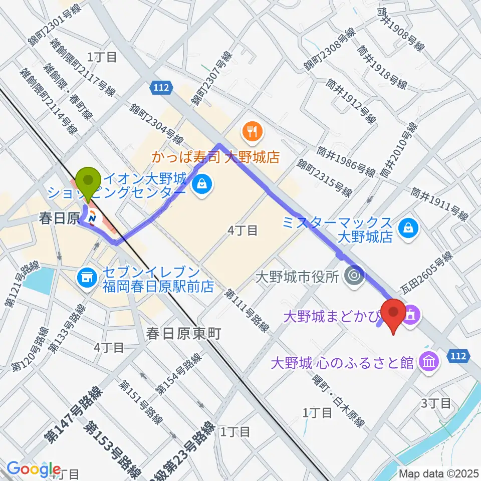 大野城まどかぴあの最寄駅春日原駅からの徒歩ルート（約11分）地図