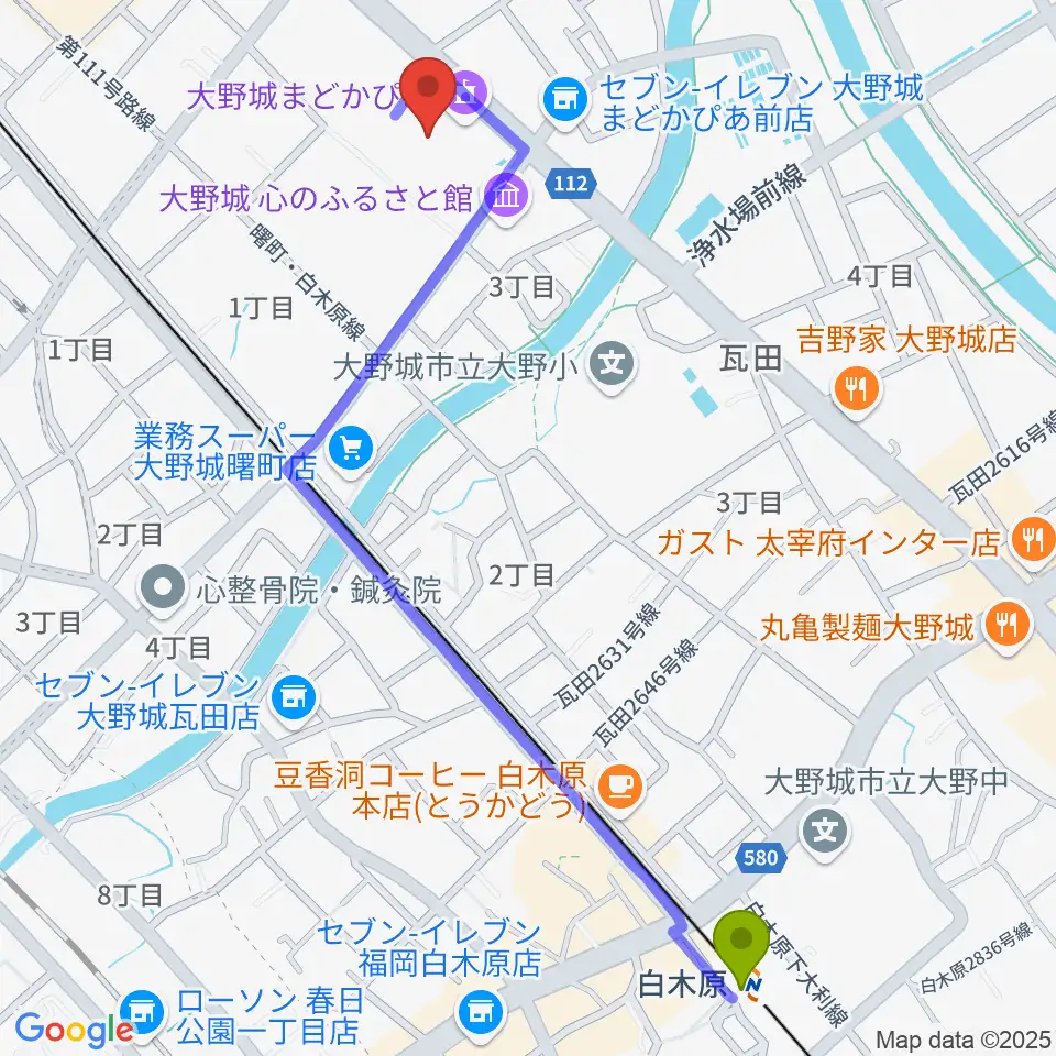 白木原駅から大野城まどかぴあへのルートマップ地図