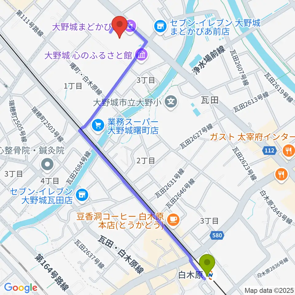 白木原駅から大野城まどかぴあへのルートマップ地図