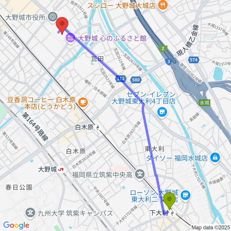 下大利駅から大野城まどかぴあへのルートマップ地図