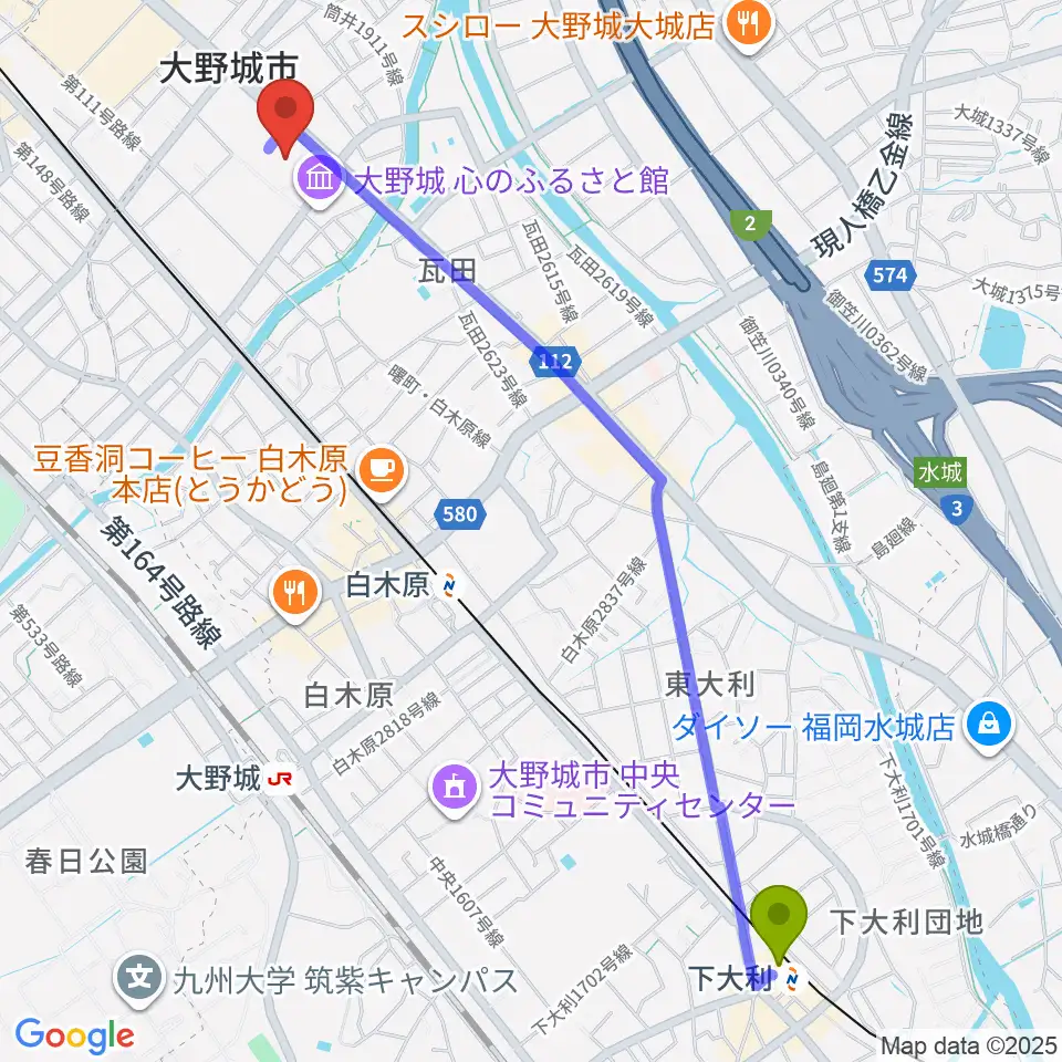 下大利駅から大野城まどかぴあへのルートマップ地図