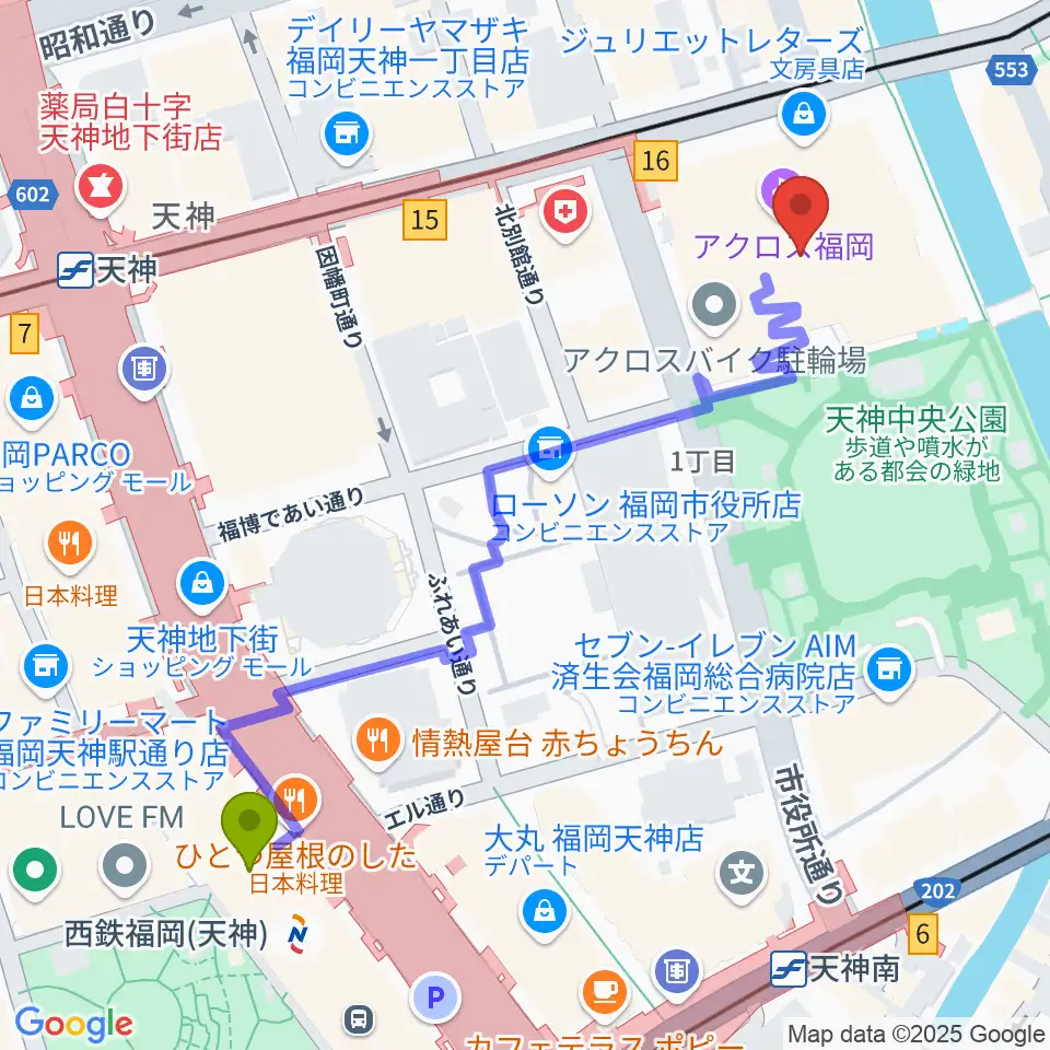 西鉄福岡（天神）駅からヤマハミュージック 福岡店へのルートマップ地図