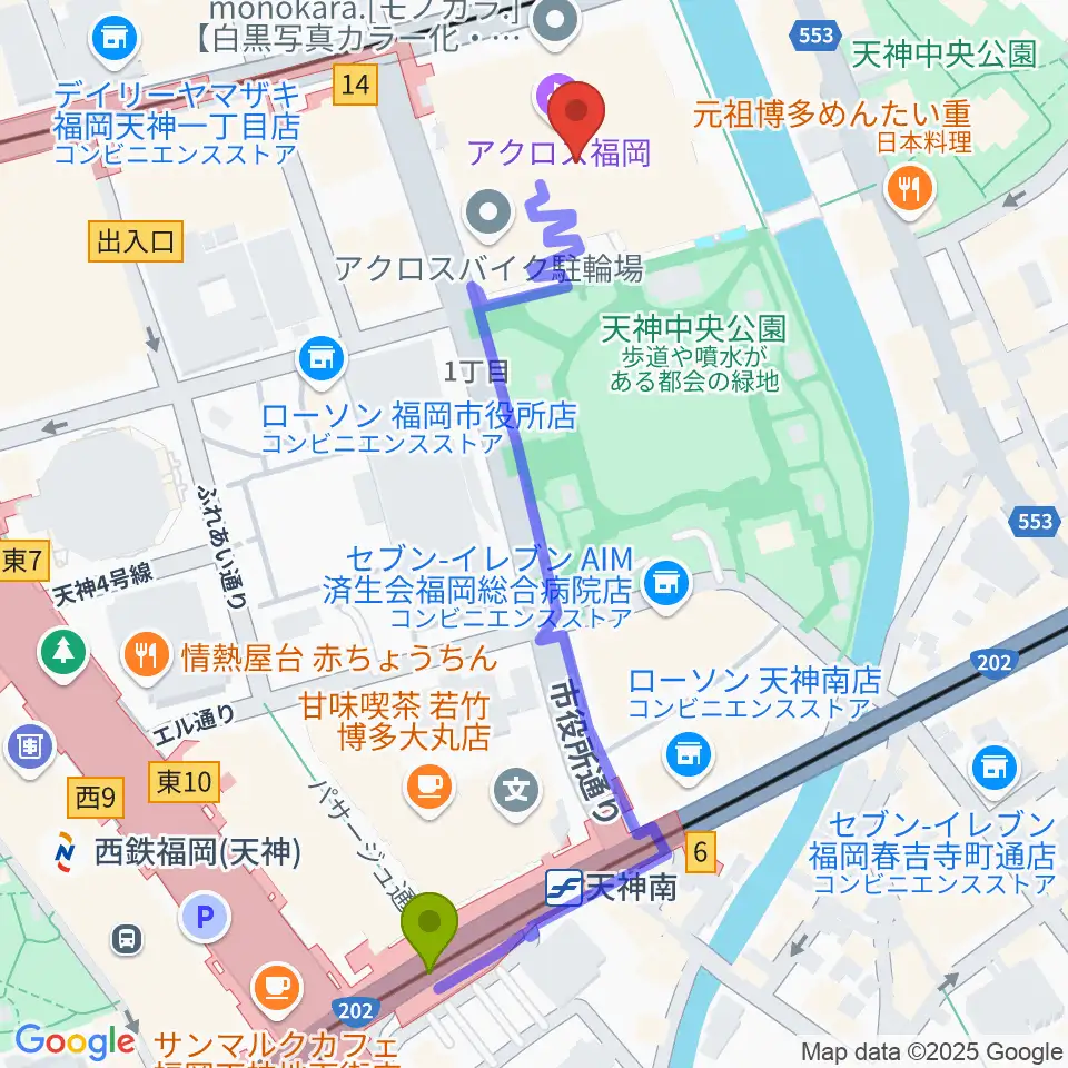 天神南駅からヤマハミュージック 福岡店へのルートマップ地図