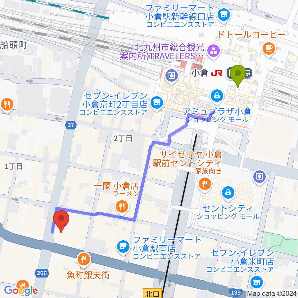 小倉駅からミュージックストアナガト小倉店へのルートマップ地図