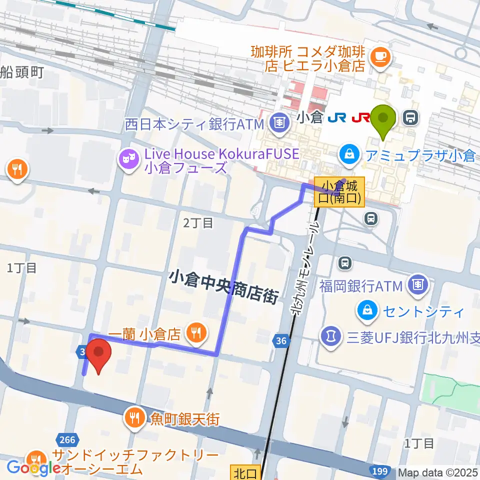 小倉駅からミュージックストアナガト小倉店へのルートマップ地図