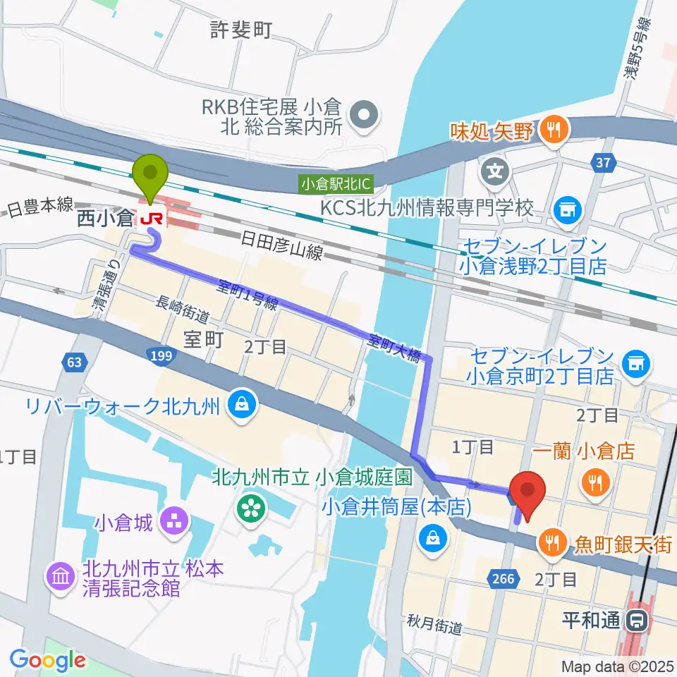 西小倉駅からミュージックストアナガト小倉店へのルートマップ地図