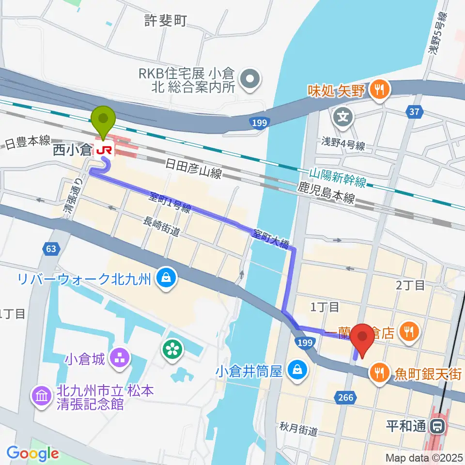 西小倉駅からミュージックストアナガト小倉店へのルートマップ地図