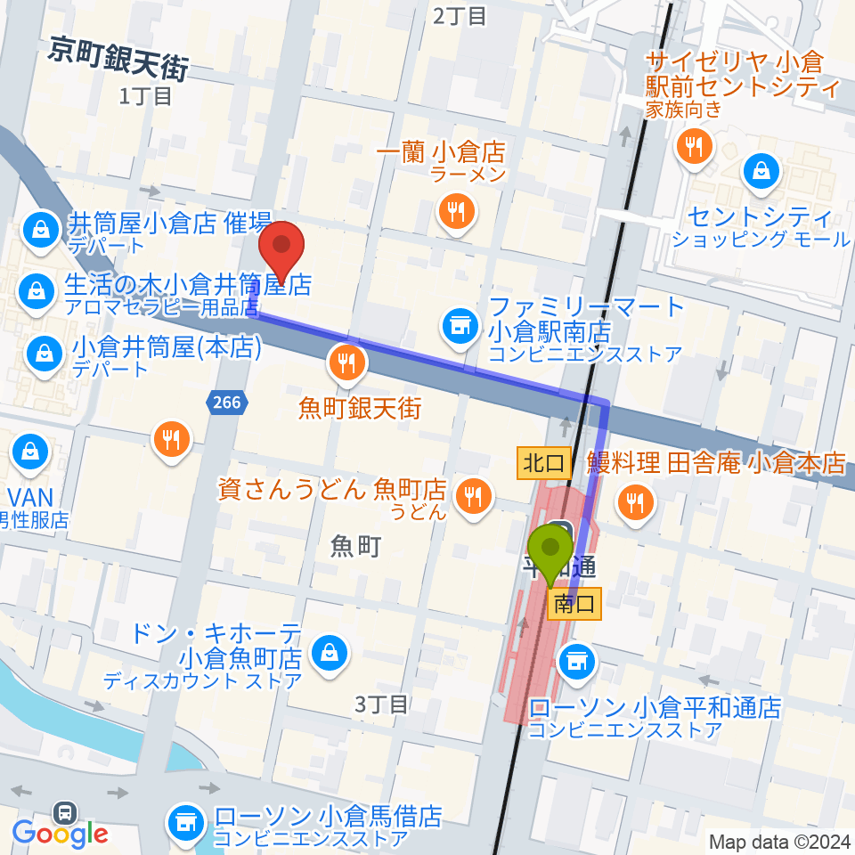 ミュージックストアナガト小倉店の最寄駅平和通駅からの徒歩ルート（約4分）地図