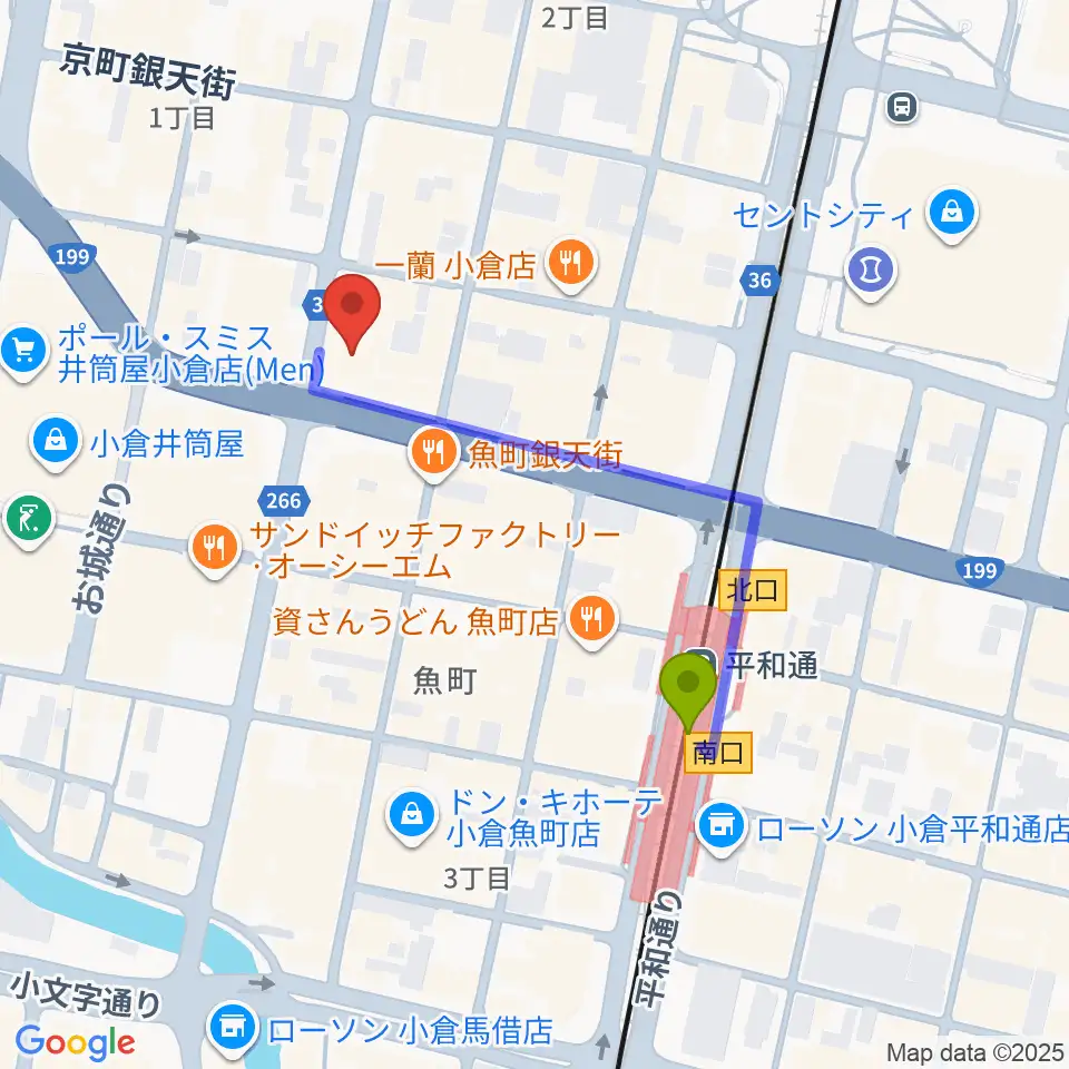 ミュージックストアナガト小倉店の最寄駅平和通駅からの徒歩ルート（約4分）地図