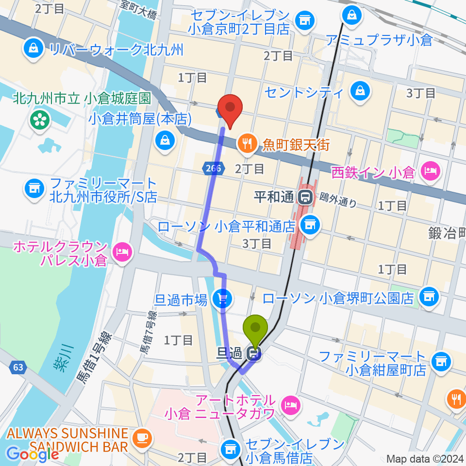 旦過駅からミュージックストアナガト小倉店へのルートマップ地図