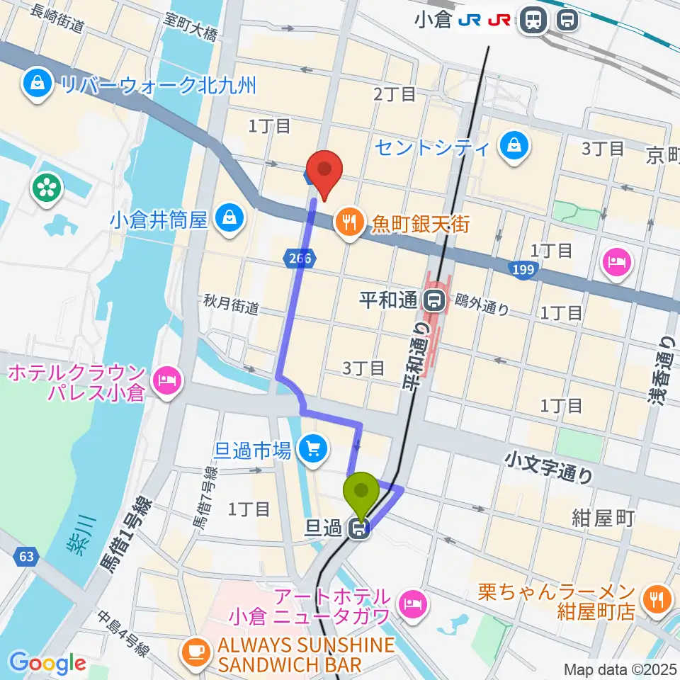 旦過駅からミュージックストアナガト小倉店へのルートマップ地図