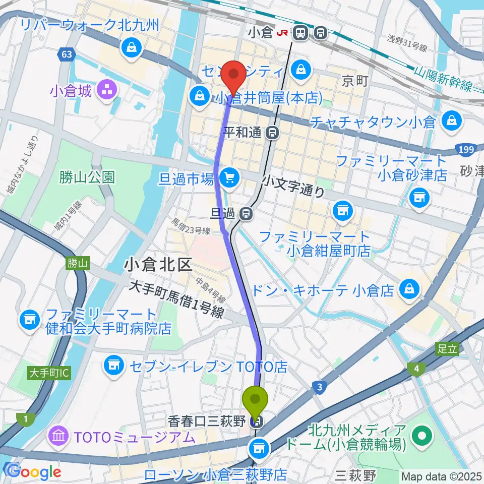 香春口三萩野駅からミュージックストアナガト小倉店へのルートマップ地図