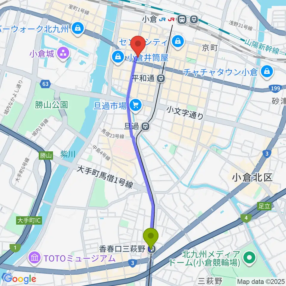香春口三萩野駅からミュージックストアナガト小倉店へのルートマップ地図