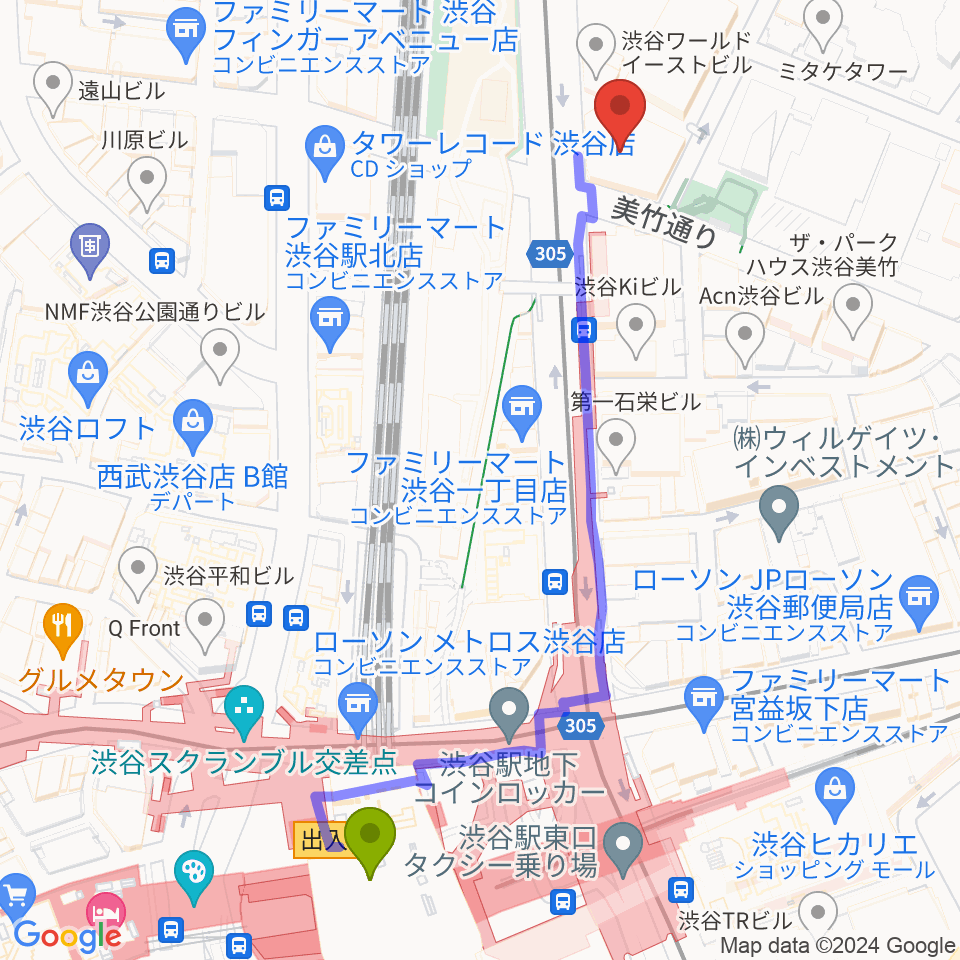 ミュージックアベニュー渋谷cocotiの最寄駅渋谷駅からの徒歩ルート（約6分）地図