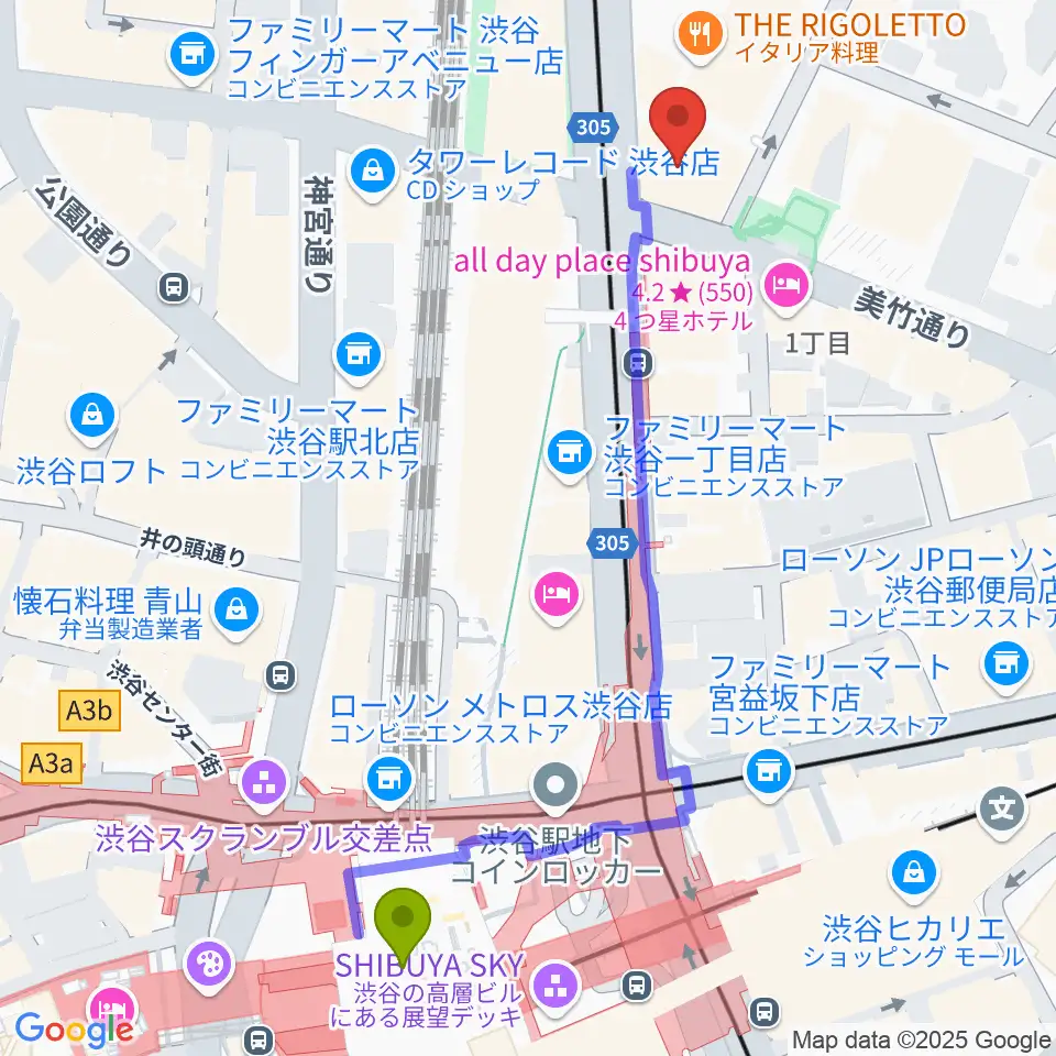 ミュージックアベニュー渋谷cocotiの最寄駅渋谷駅からの徒歩ルート（約6分）地図