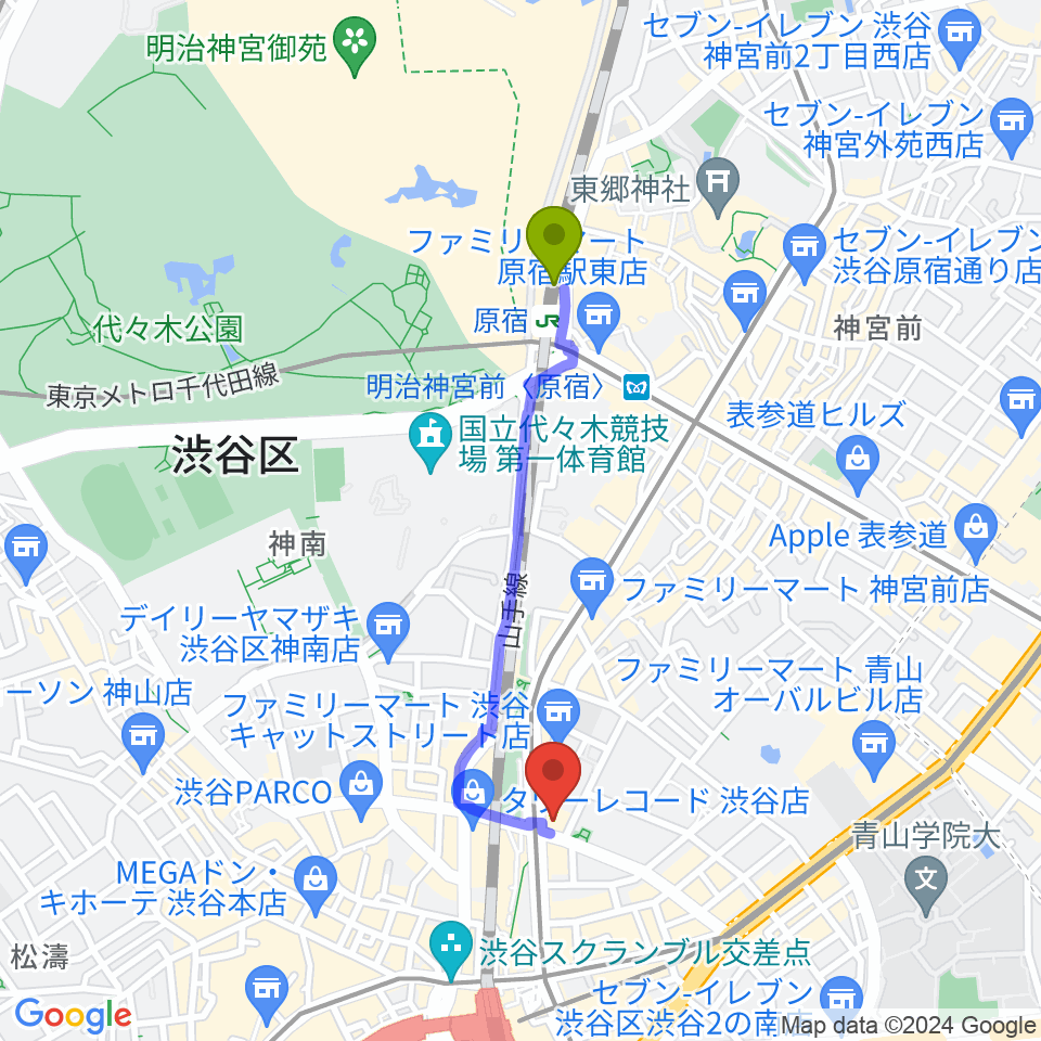原宿駅からミュージックアベニュー渋谷cocotiへのルートマップ地図