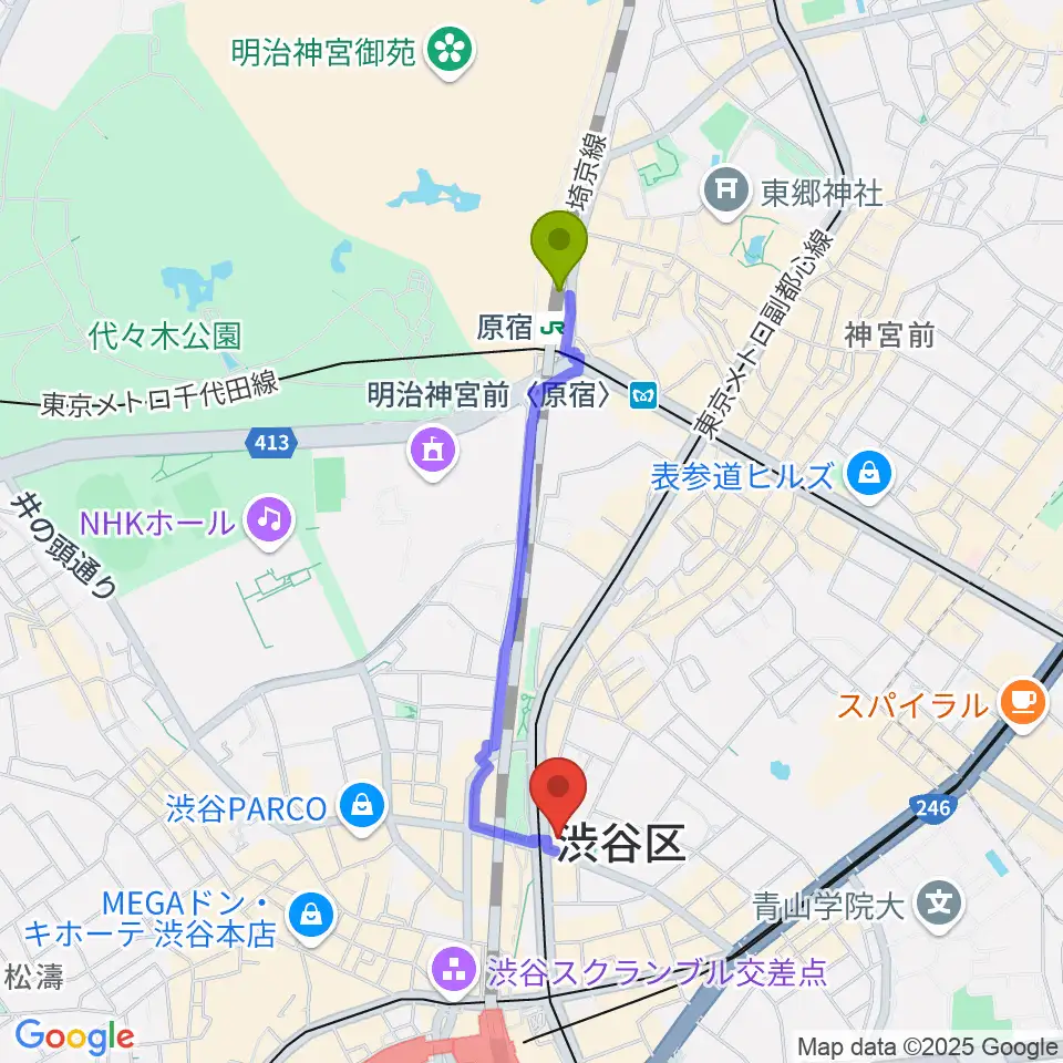 原宿駅からミュージックアベニュー渋谷cocotiへのルートマップ地図