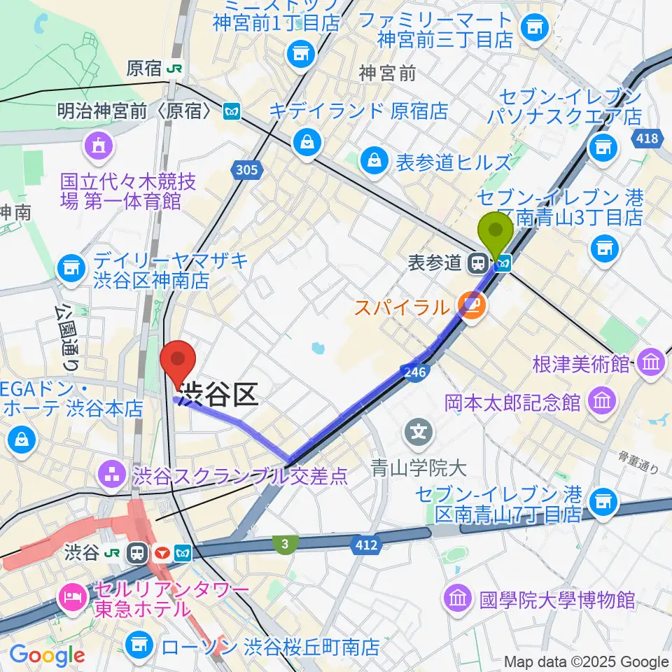 表参道駅からミュージックアベニュー渋谷cocotiへのルートマップ地図
