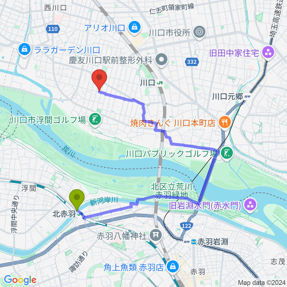 北赤羽駅からまつだピアノ教室へのルートマップ地図