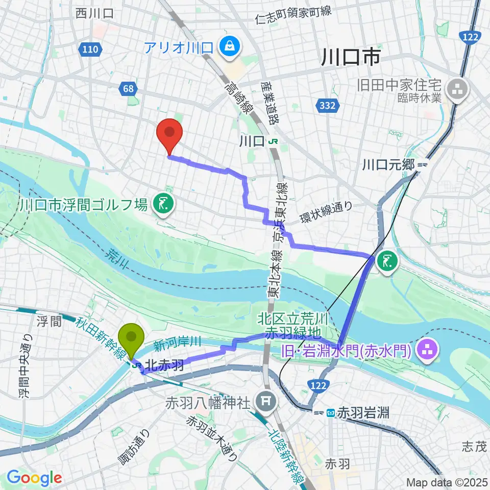北赤羽駅からまつだピアノ教室へのルートマップ地図