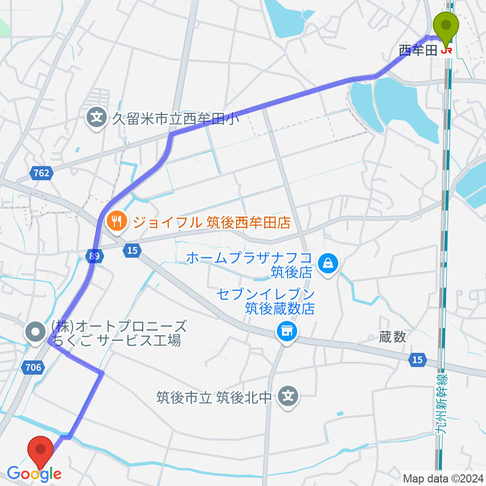 内田悦子音楽教室の最寄駅西牟田駅からの徒歩ルート（約39分）地図