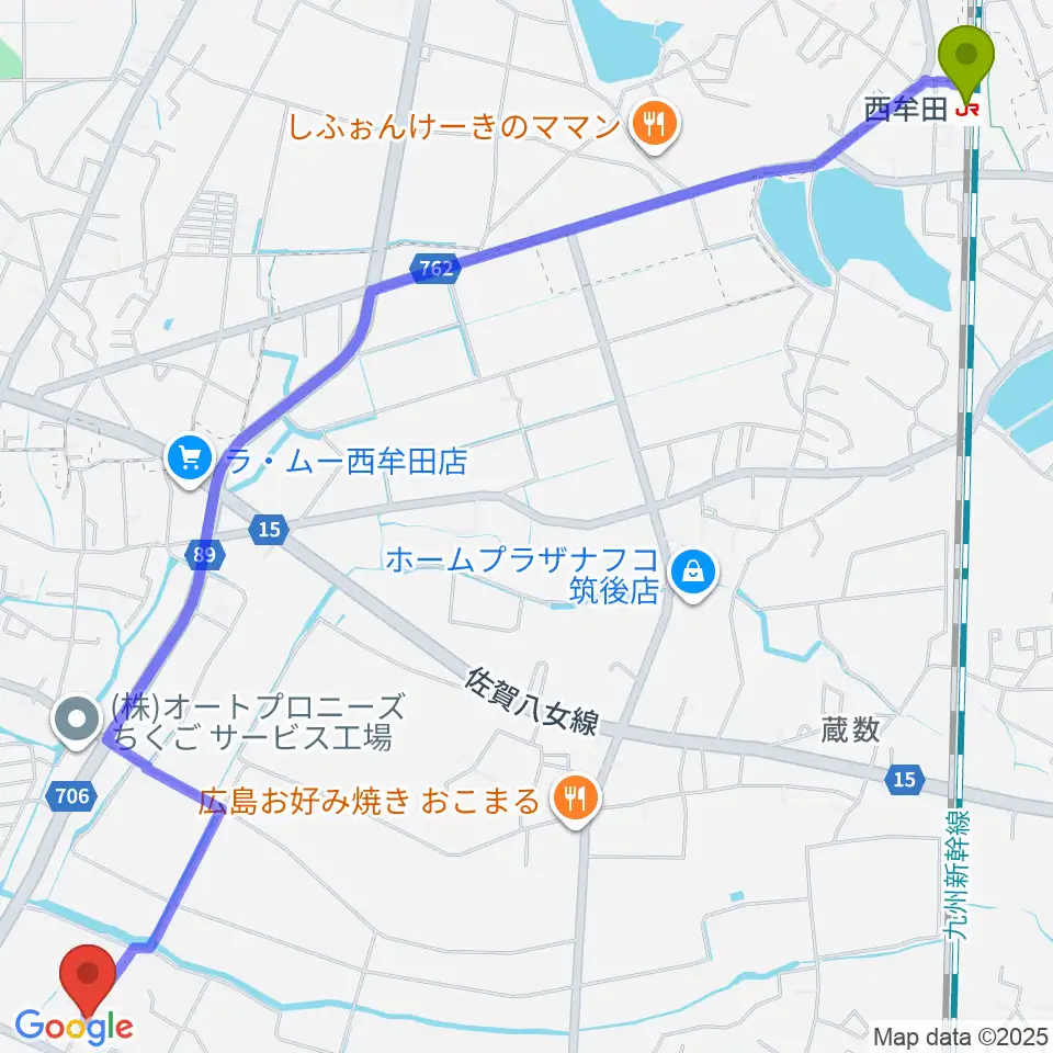 内田悦子音楽教室の最寄駅西牟田駅からの徒歩ルート（約39分）地図