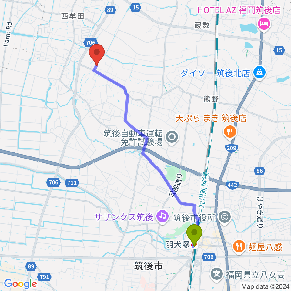 羽犬塚駅から内田悦子音楽教室へのルートマップ地図