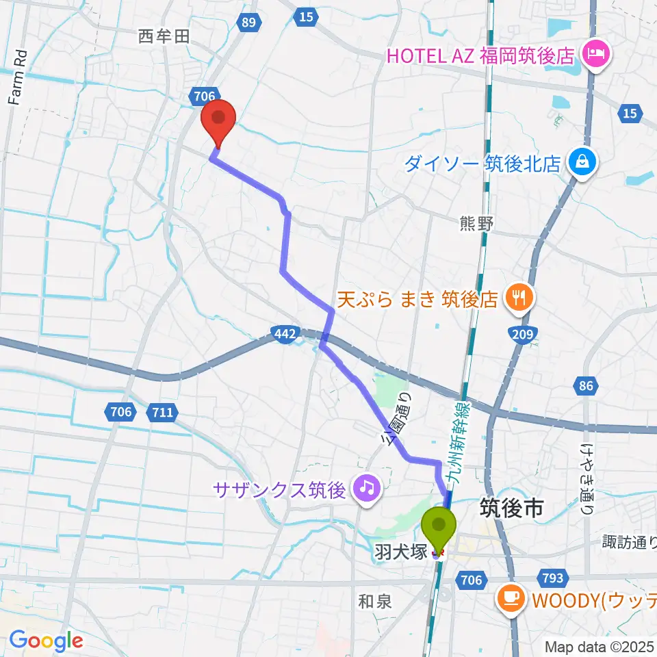 羽犬塚駅から内田悦子音楽教室へのルートマップ地図