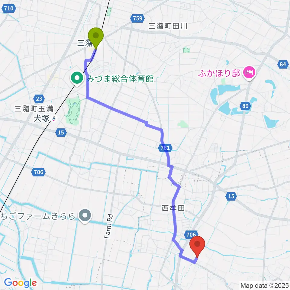 三潴駅から内田悦子音楽教室へのルートマップ地図