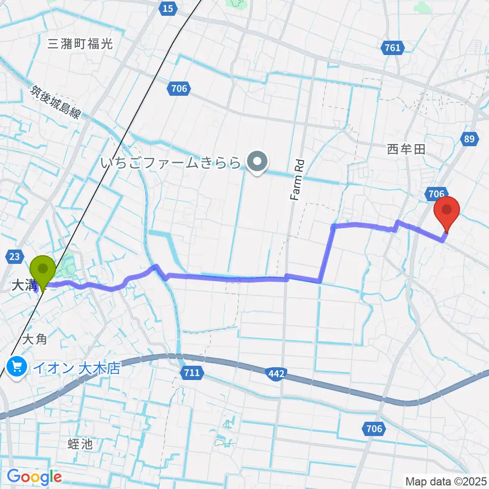 大溝駅から内田悦子音楽教室へのルートマップ地図