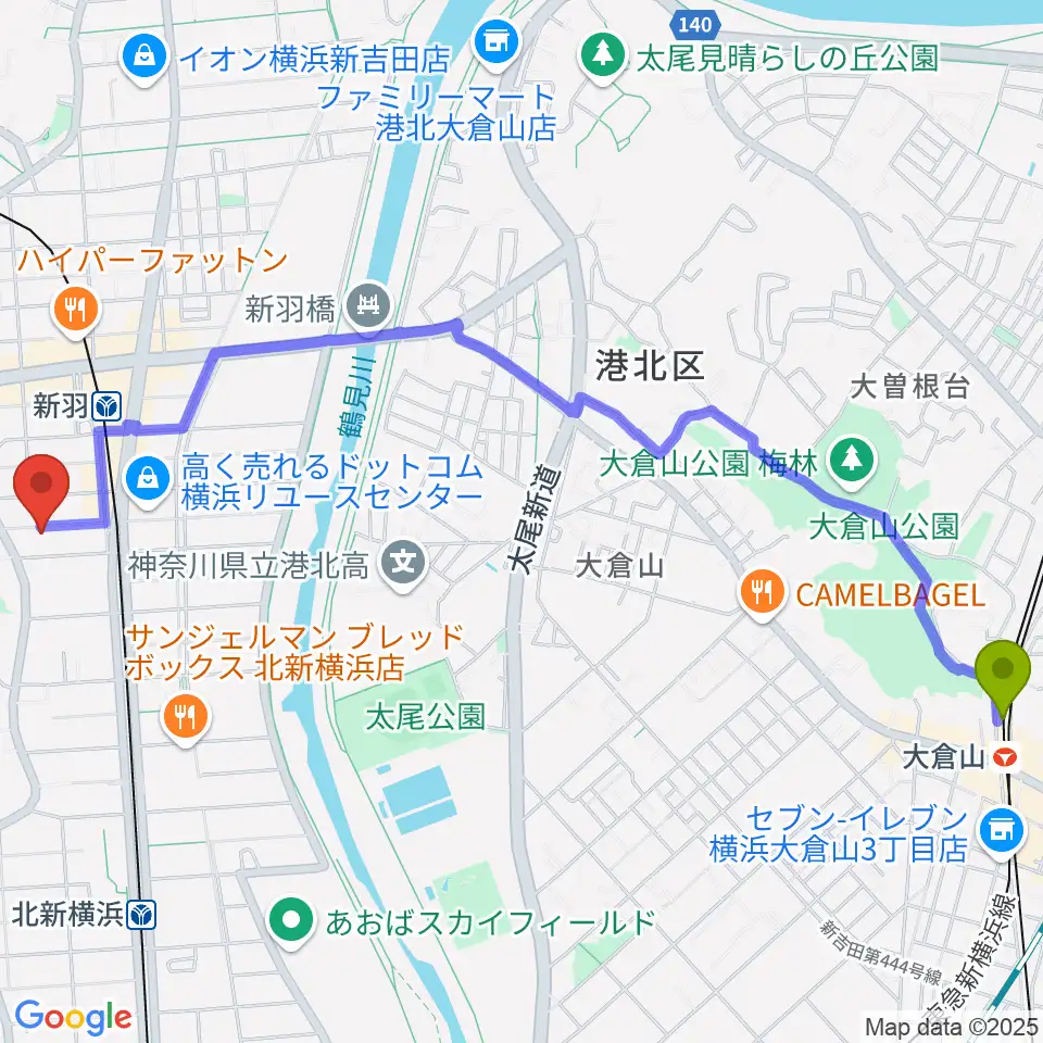 大倉山駅からヤマハピアノサービス横浜センターへのルートマップ地図