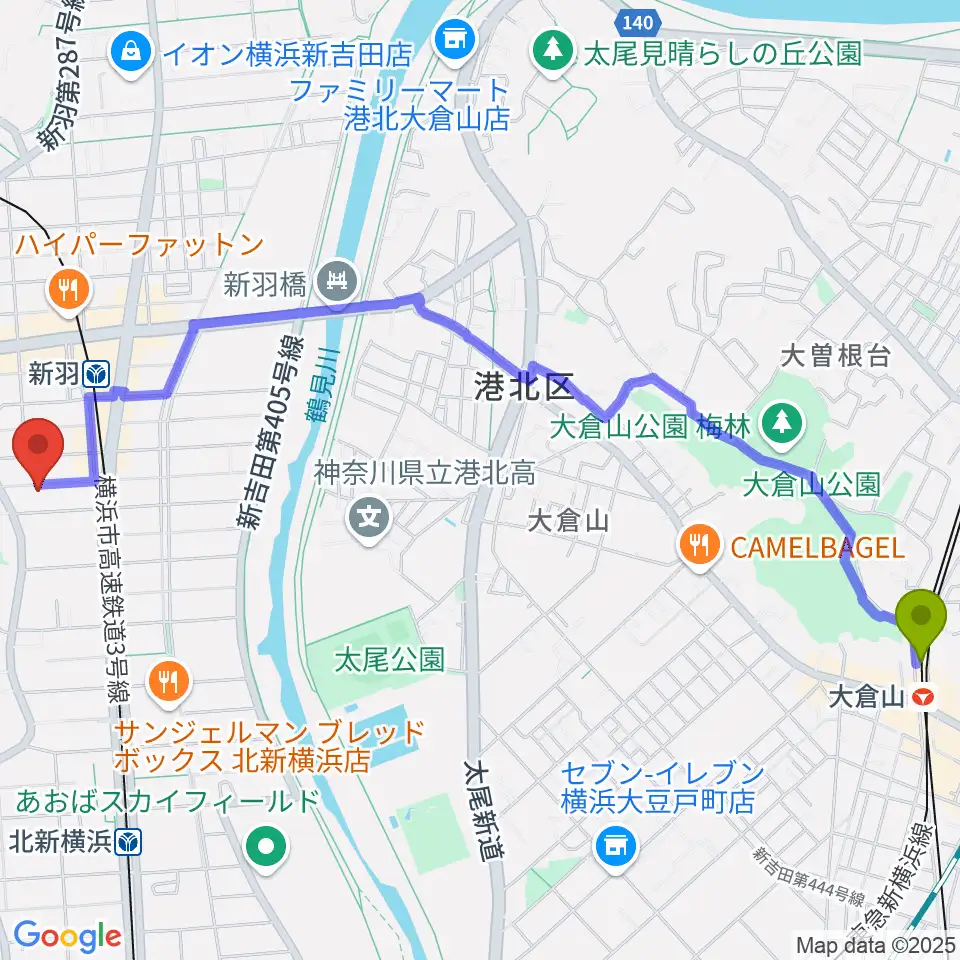 大倉山駅からヤマハピアノサービス横浜センターへのルートマップ地図