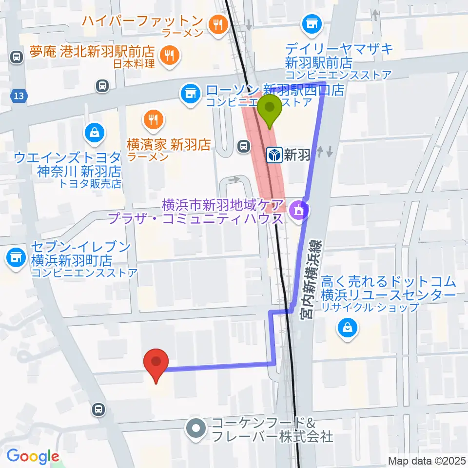 ヤマハピアノサービス横浜センターの最寄駅新羽駅からの徒歩ルート（約5分）地図