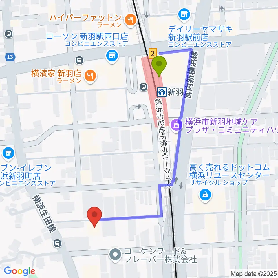 ヤマハピアノサービス横浜センターの最寄駅新羽駅からの徒歩ルート（約5分）地図