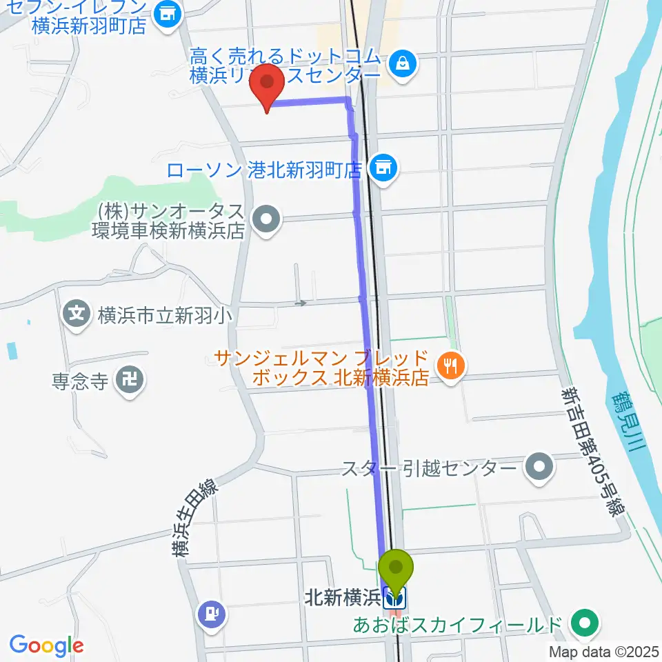 北新横浜駅からヤマハピアノサービス横浜センターへのルートマップ地図