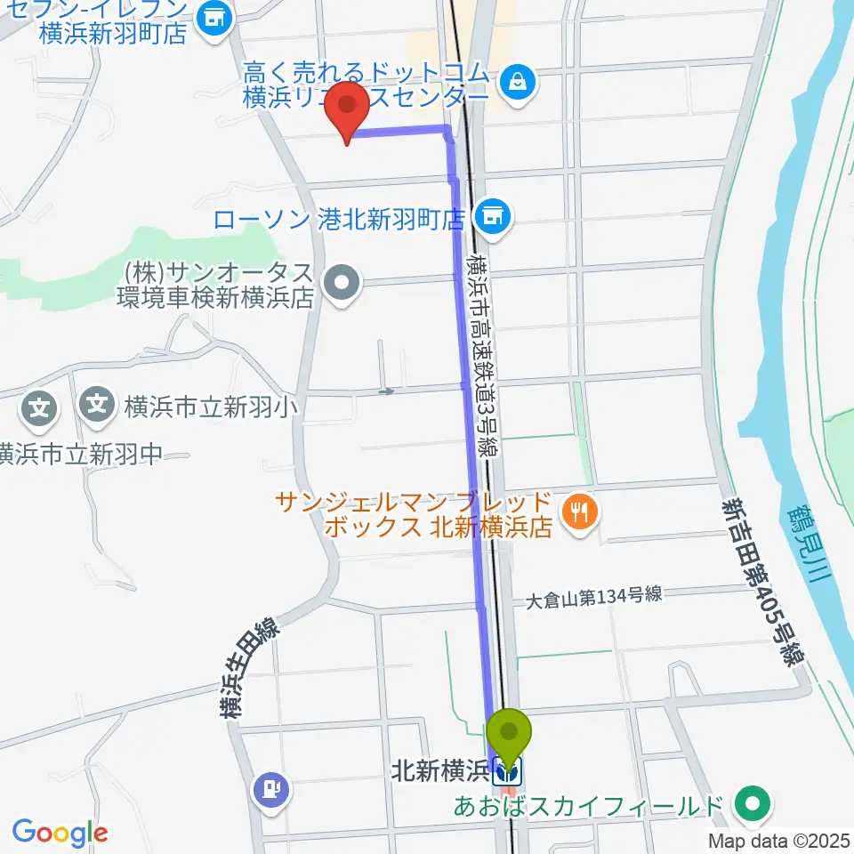 北新横浜駅からヤマハピアノサービス横浜センターへのルートマップ地図