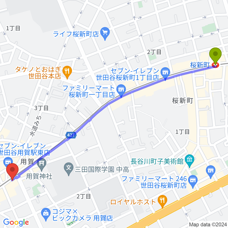 桜新町駅からGGジャズレッスンへのルートマップ地図