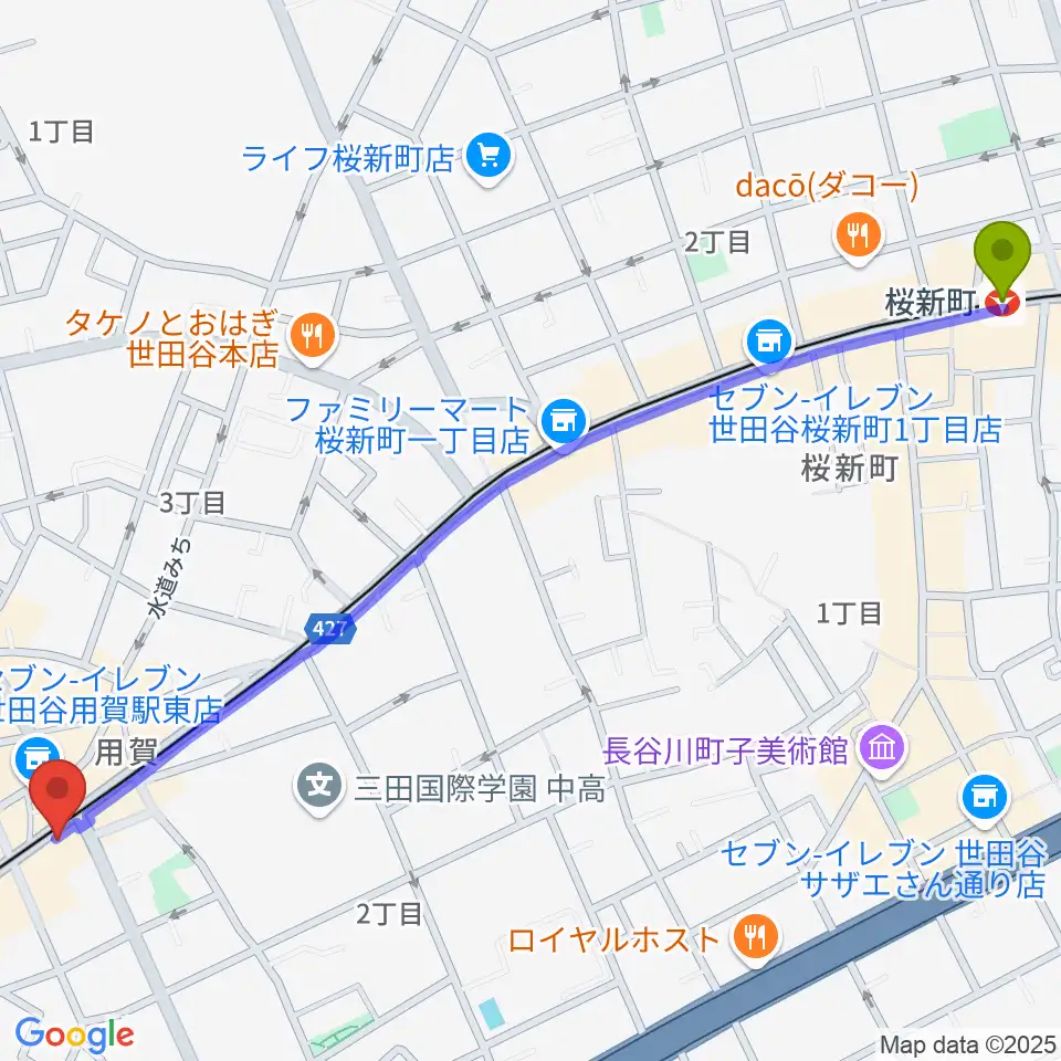 桜新町駅からGGジャズレッスンへのルートマップ地図