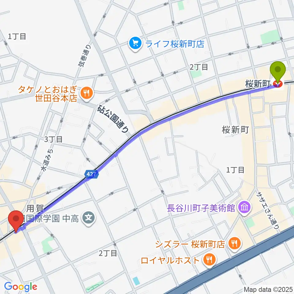 桜新町駅からGGジャズレッスンへのルートマップ地図
