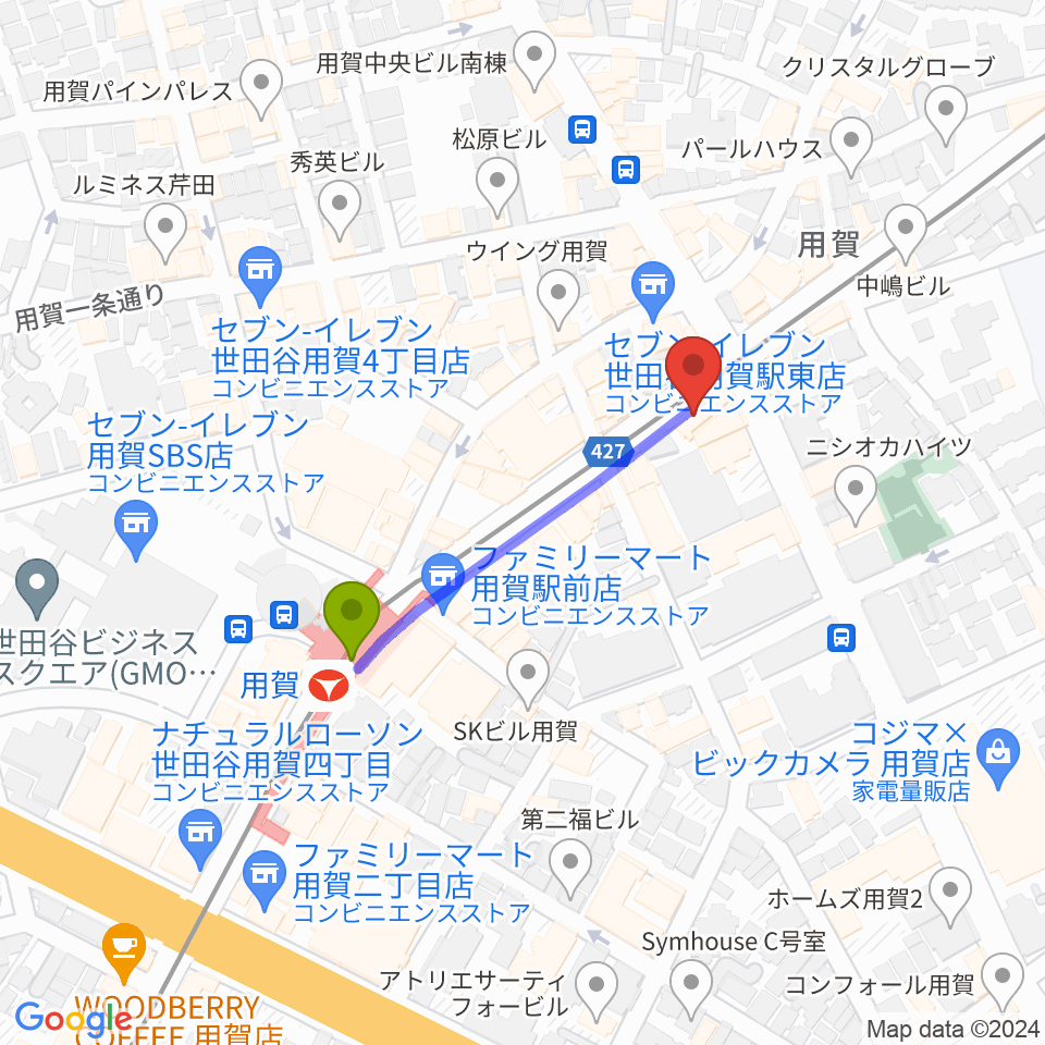 GGジャズレッスンの最寄駅用賀駅からの徒歩ルート（約3分）地図