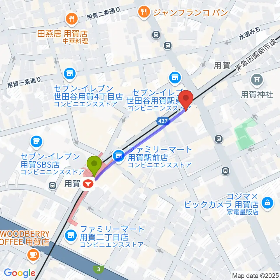 GGジャズレッスンの最寄駅用賀駅からの徒歩ルート（約3分）地図