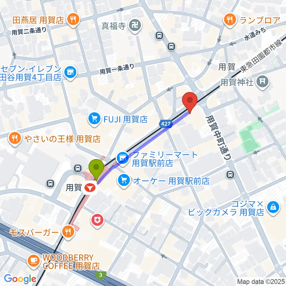 GGジャズレッスンの最寄駅用賀駅からの徒歩ルート（約3分）地図